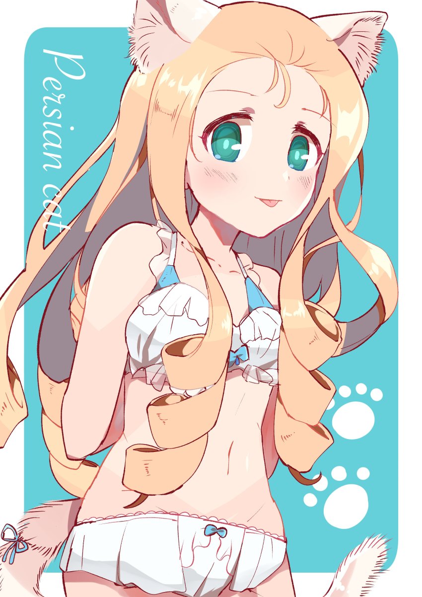 1girl, :p, absurdres, animal_ears, arms_behind_head, blonde_hair, blue_background, blue_ribbon