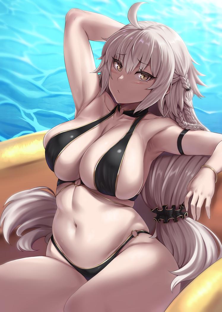 1girl, ahoge, bad_id, bad_twitter_id, bare_shoulders, bikini, black_bikini, blue_background