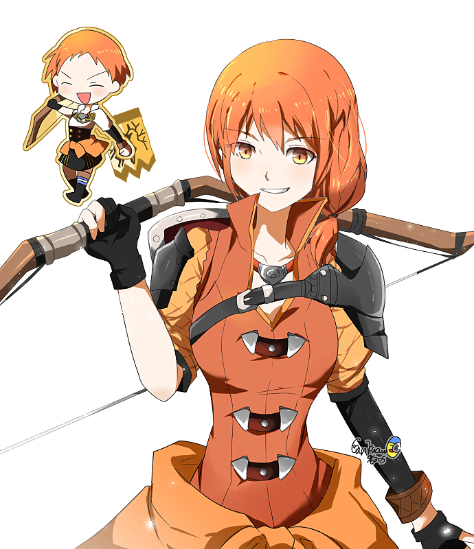 1girl, abfbfygo, armor, artist_name, black_gloves, bow_(weapon), braid, chibi, female_focus, fire_emblem, fire_emblem:_three_houses, gloves, leonie_pinelli, leonie_pinelli_(timeskip), looking_at_viewer, matching_hair/eyes, nintendo, orange_eyes, orange_hair, over_shoulder, short_hair, shoulder_armor, signature, smile, solo, weapon, weapon_over_shoulder, white_background