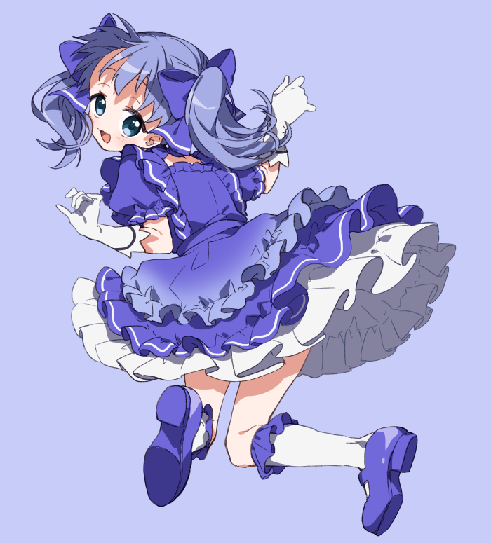 1girl, :d, blue_background, blue_bow, blue_dress, blue_eyes, blue_hair, blue_shoes