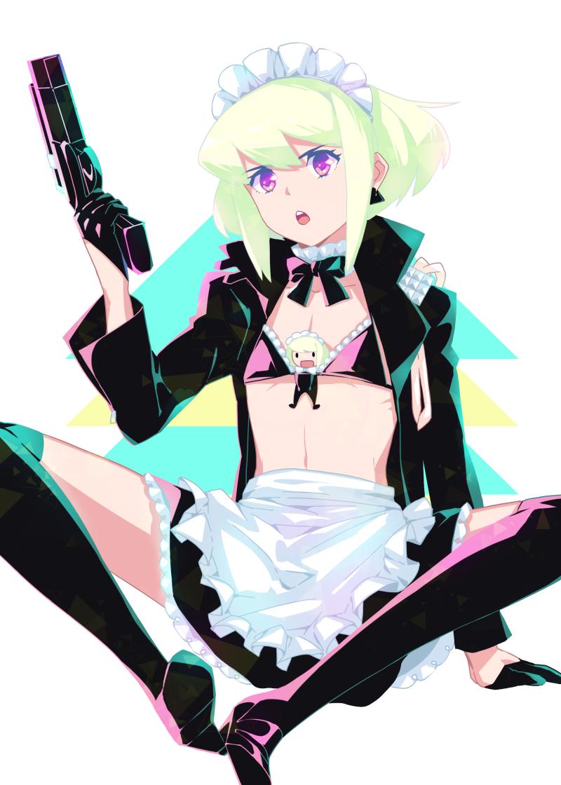 1boy, apron, artoria_pendragon_(fate), blonde_hair, bra, chibi, crossdressing, crossdressing_(mtf), gloves, green_hair, gun, half_gloves, handgun, jacket, kiharatta, lio_fotia, looking_at_viewer, maid, male_focus, male_maid, pectorals, pistol, promare, purple_eyes, saber_alter, saber_alter_(swimsuit_rider)_(second_ascension), simple_background, skirt, solo, thighhighs, trap, underwear, weapon