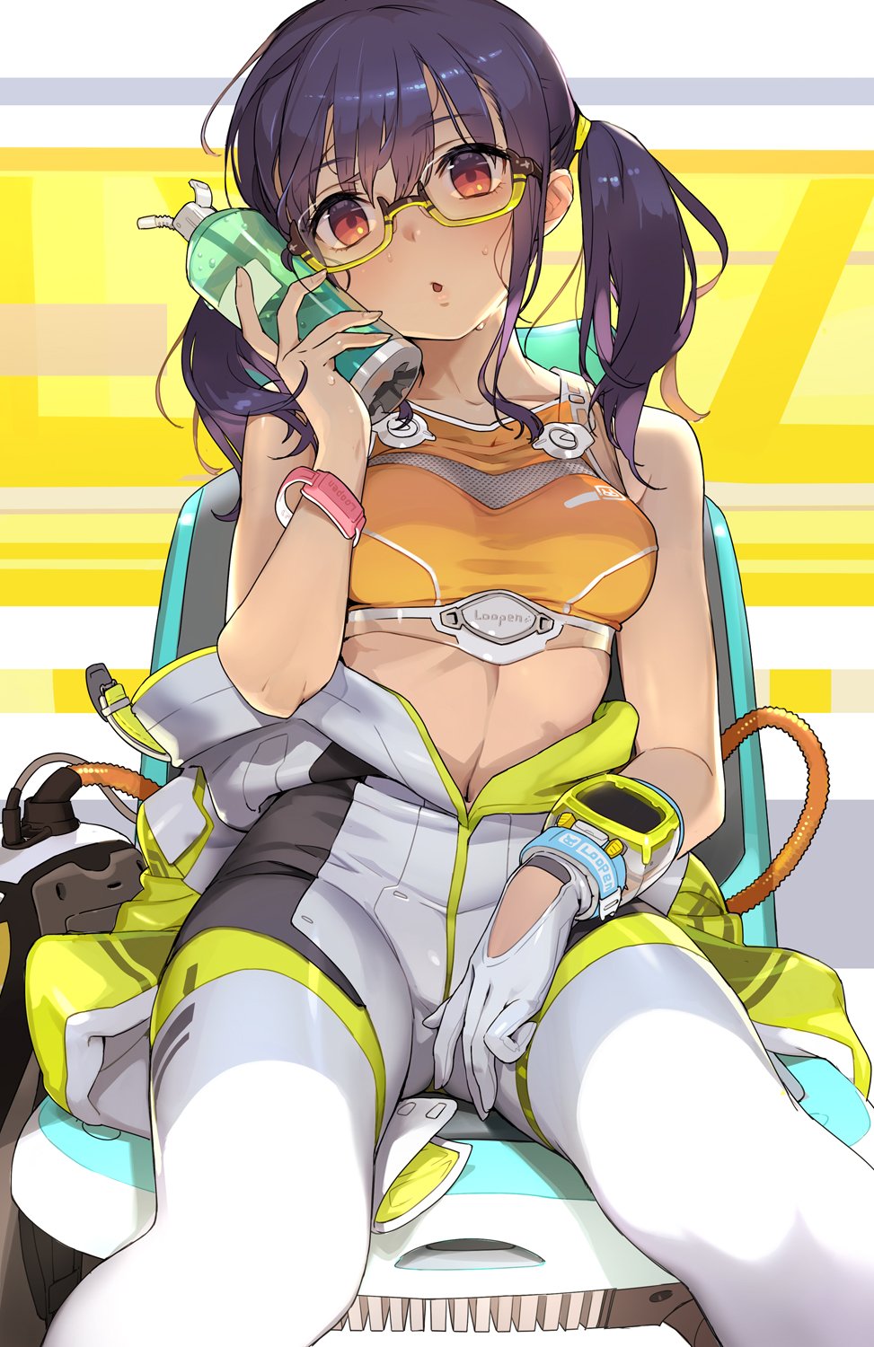1girl, ameno_tetsuo, bare_arms, bare_shoulders, black_hair, bodysuit, bottle, breasts