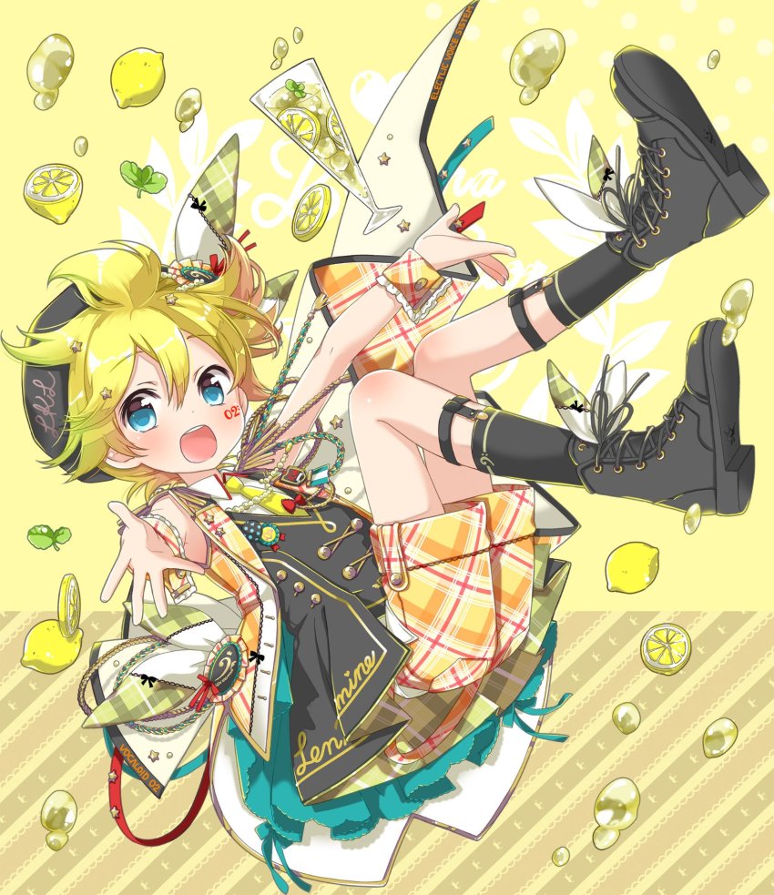 1boy, bass_clef, blonde_hair, blue_eyes, blush, boots, bow, character_name