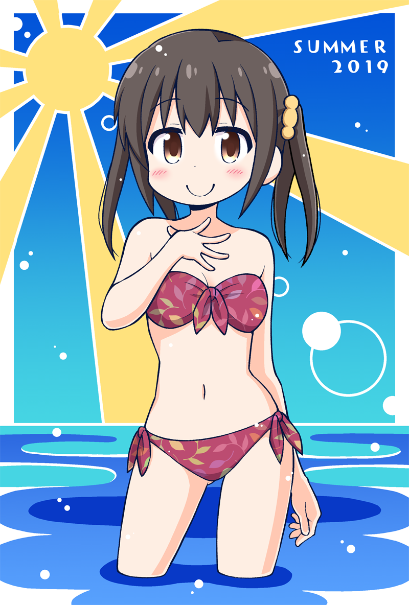 1girl, 2019, bandeau, bare_arms, bare_shoulders, bikini, blush, breasts