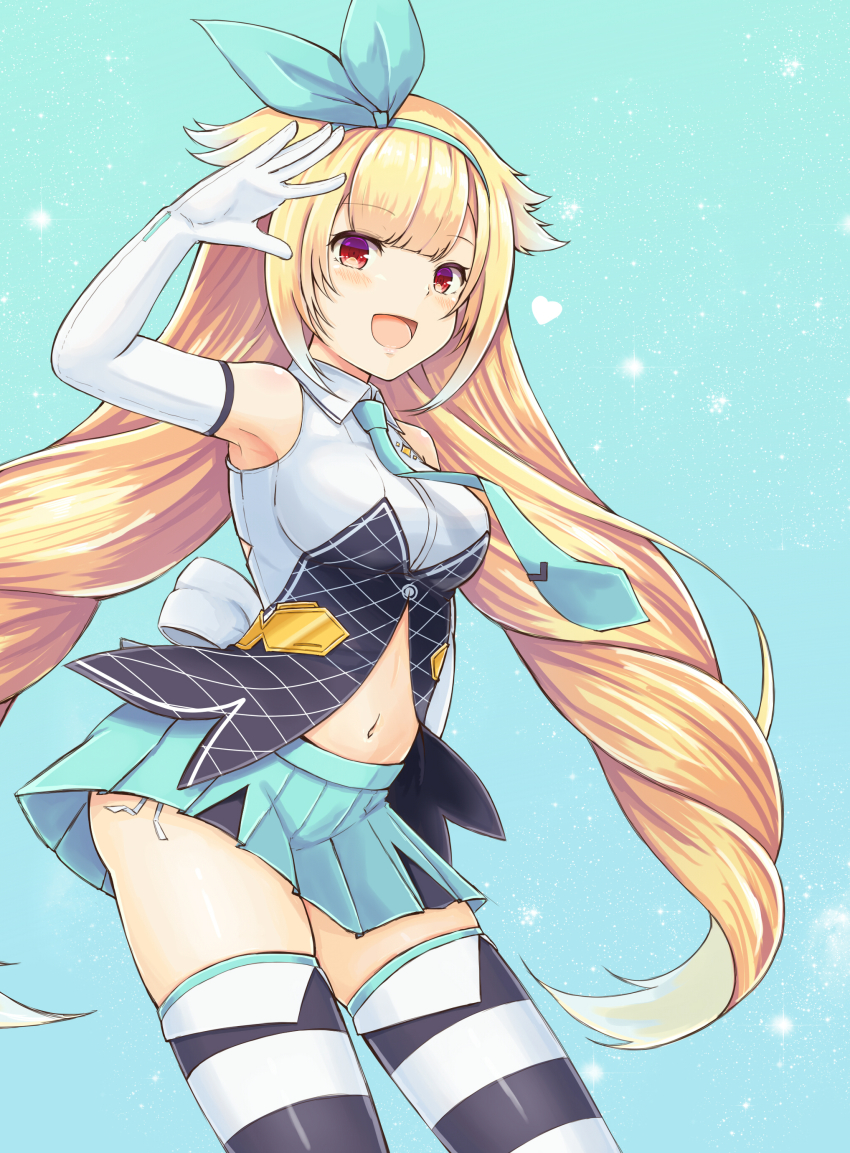 1girl, absurdres, aqua_background, aqua_hairband, aqua_neckwear, aqua_skirt, black_thighhighs, blonde_hair