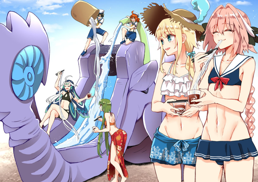 1girl, 2boys, 3others, ahoge, androgynous, asazuki_norito, astolfo_(fate), bare_shoulders, bikini, bikini_top_only, black_bikini, black_bow, black_hair, blonde_hair, blue_bikini, blue_eyes, blue_hair, blue_skirt, blush, bow, braid, chevalier_d'eon_(fate), chopsticks, closed_eyes, closed_mouth, collarbone, crossed_legs, cup, eating, enkidu_(fate), eyeliner, fate/apocrypha, fate/grand_order, fate/strange_fake, fate_(series), food, frilled_bikini, frills, fujimaru_ritsuka_(female), fujimaru_ritsuka_(male), green_hair, hair_between_eyes, hair_intakes, hat, long_braid, long_hair, looking_to_the_side, makeup, miniskirt, multicolored_hair, multiple_boys, multiple_others, navel, noodles, one_side_up, open_mouth, orange_bikini, orange_eyes, orange_hair, pink_hair, ponytail, sailor_collar, sarong, shi_huang_di_(fate), side_ponytail, sidelocks, single_braid, skirt, smile, straw_hat, streaked_hair, swimsuit, thighs, trap, two-tone_hair, very_long_hair, water_slide, white_bikini, white_hair