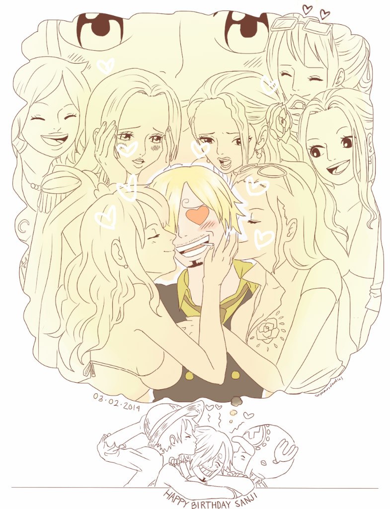 3boys, 6+girls, boa_hancock, camie_(one_piece), cigarette, eyewear_on_head, happy_birthday, kiss, long_hair, maridoodles, monkey_d._luffy, multiple_boys, multiple_girls, nami_(one_piece), nami_(one_piece)_(return_to_sabaody), nefertari_vivi, nico_robin, nico_robin_(return_to_sabaody), one_piece, sanji_(one_piece), shirahoshi, smile, sunglasses, tashigi, tony_tony_chopper, viola_(one_piece)