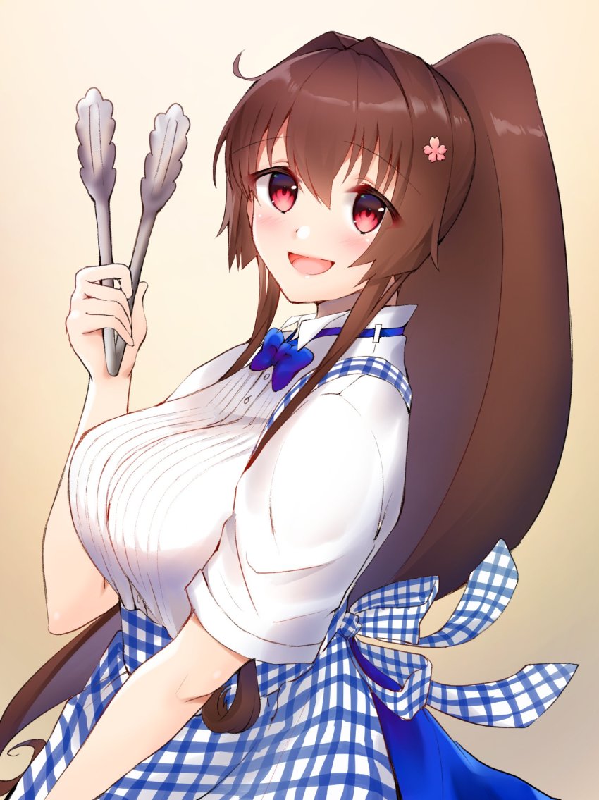 1girl, alternate_costume, apron, ayuko91, blue_apron, blue_bow, blue_bowtie, bow