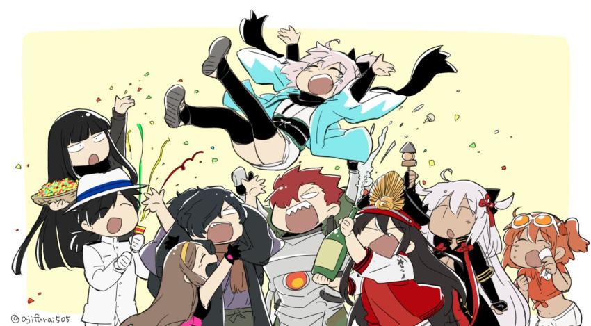 3boys, 6+girls, :d, ^_^, arm_guards, arms_up, asaya_minoru, beige_background, black_dress, black_gloves, black_hair, black_headwear, black_legwear, black_scarf, black_shirt, blush, brown_hair, brown_scarf, chacha_(fate), chibi, closed_eyes, commentary_request, confetti, crest, crying, dress, eyewear_on_head, family_crest, fate/grand_order, fate_(series), food, fujimaru_ritsuka_(female), fujimaru_ritsuka_(female)_(tropical_summer), gloves, grey_hair, hair_between_eyes, hair_ornament, hair_over_one_eye, hairband, haori, hat, high_ponytail, holding, holding_food, jacket, japanese_clothes, kimono, koha-ace, letterman_jacket, long_hair, long_sleeves, mori_nagayoshi_(fate), mori_nagayoshi_(first_ascension)_(fate), multiple_boys, multiple_girls, obi, oda_nobunaga_(fate), oda_nobunaga_(koha-ace), oda_nobunaga_(swimsuit_berserker)_(fate), oda_nobunaga_(swimsuit_berserker)_(first_ascension)_(fate), oda_uri, official_alternate_costume, okada_izou_(fate), okita_souji_(fate), okita_souji_(koha-ace), okita_souji_(third_ascension)_(fate), okita_souji_alter_(fate), okita_souji_alter_(second_ascension)_(fate), open_clothes, open_jacket, open_mouth, orange-tinted_eyewear, orange_skirt, oryou_(fate), outstretched_arms, party_popper, peaked_cap, pink_hair, ponytail, profile, red_hair, red_jacket, sakamoto_ryouma_(fate), sash, scarf, sharp_teeth, shirt, shoe_soles, short_kimono, shorts, skirt, sleeveless, sleeveless_dress, smile, stirrup_legwear, tassel, tears, teeth, thighhighs, tied_shirt, tinted_eyewear, toeless_legwear, tropical_summer_(fate), two-tone_background, very_long_hair, white-framed_eyewear, white_background, white_gloves, white_headwear, white_jacket, white_kimono, white_shorts, wide_sleeves, yellow_hairband