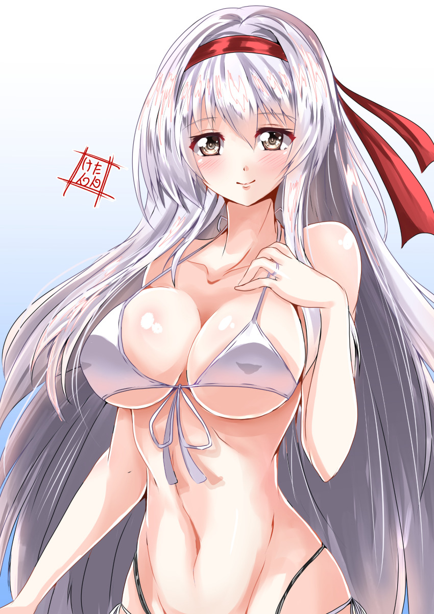 1girl, artist_name, bikini, breasts, cleavage, female_focus, hachimaki, hand_on_own_chest