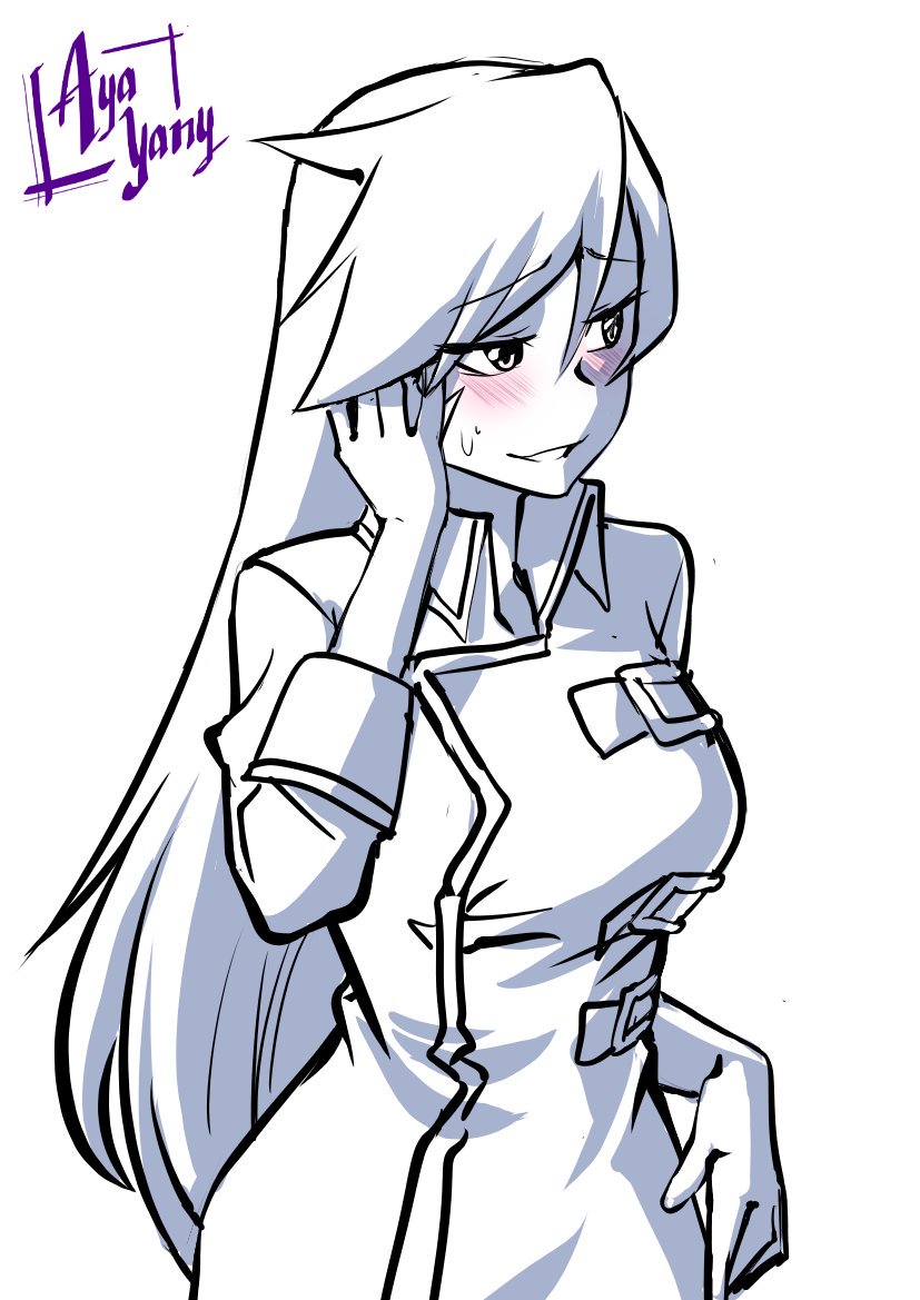 1girl, artist_name, aya_yanagisawa, blush, breasts, coach_trainer_(pokemon), collared_dress, cowboy_shot