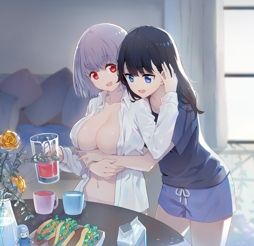 2girls, bad_id, bad_twitter_id, black_hair, blue_eyes, breasts, cleavage, collarbone