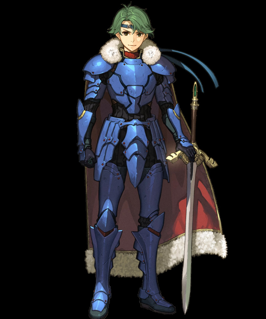 1boy, alm_(fire_emblem), alm_(imperial_ascent)_(fire_emblem), armor, armored_boots, boots, cape, falchion_(fire_emblem), fire_emblem, fire_emblem_echoes:_shadows_of_valentia, fire_emblem_gaiden, fire_emblem_heroes, full_body, fur_trim, gloves, green_eyes, green_hair, headband, hidari_(left_side), highres, male_focus, nintendo, solo, sword, transparent_background, weapon