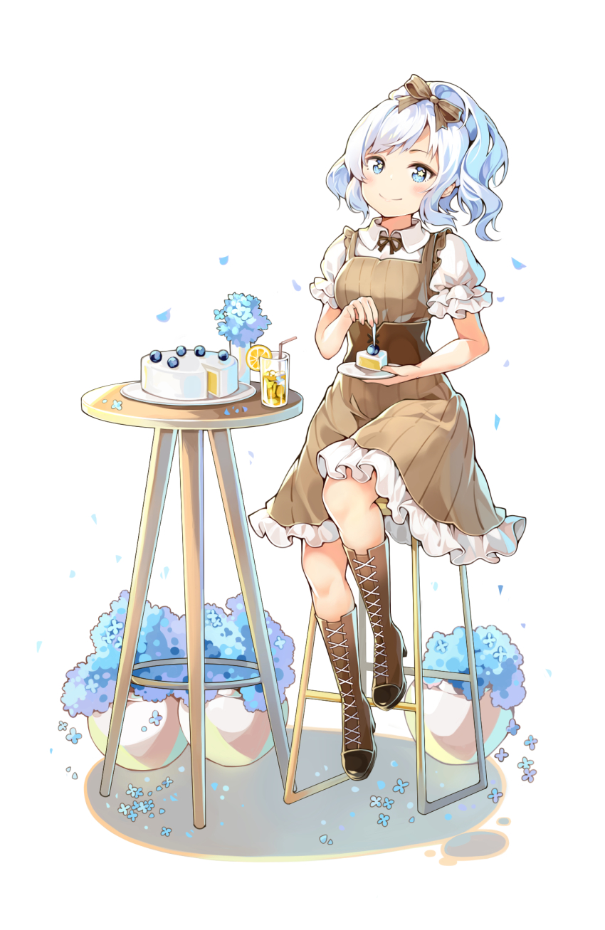1girl, alternate_costume, blue_eyes, blue_hair, blush, boots, breasts, cake