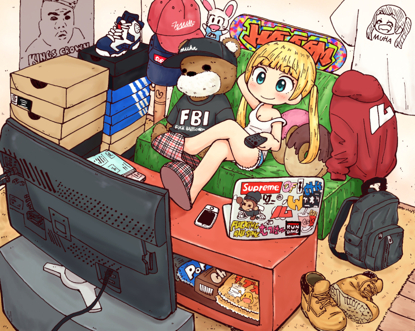 1girl, adidas, air_jordan, air_jordan_6, apple_(company), artist_name, backpack, bag, blonde_hair, blue_eyes, boots, cellphone, child, computer, controller, crossed_legs, fbi, female_focus, haaam, hat, indoors, laptop, macbook, nike_(company), odd_future, original, phone, poster_(medium), remote_control, rug, run_dmc, shirt, shoes, short_shorts, shorts, smartphone, smile, sneakers, strap_slip, stuffed_animal, stuffed_toy, supreme_(brand), t-shirt, teddy_bear, television, timberland, twintails, watching_television, wu_tang_clan