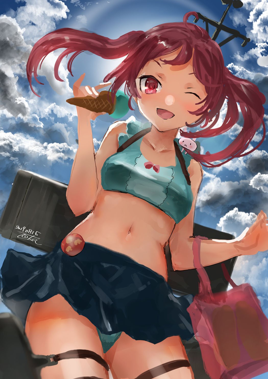 1girl, 1other, badge, bag, bikini, blue_bikini, blue_skirt, blue_sky