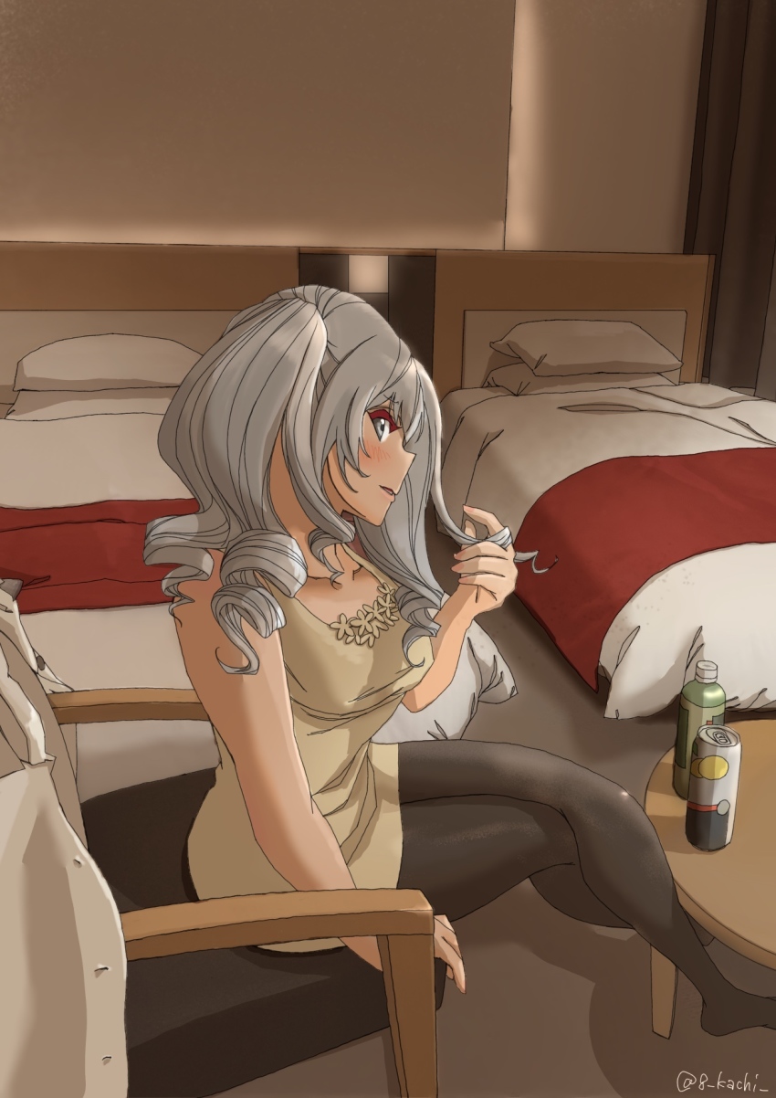 1girl, alternate_costume, bed, bedroom, beer_can, beige_dress, black_pantyhose, bottle