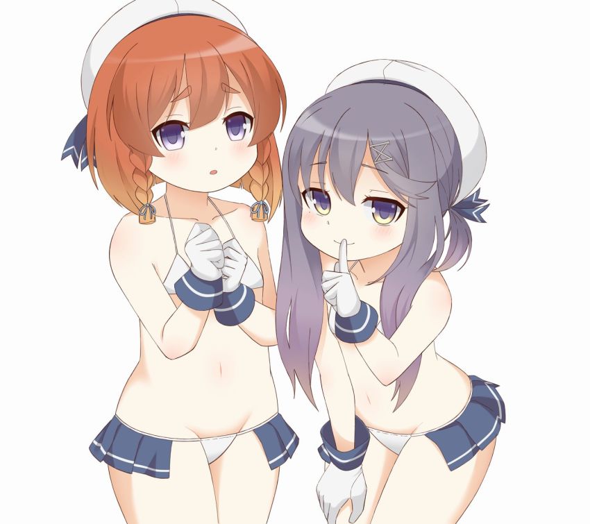 2girls, adapted_costume, bikini, blonde_hair, bob_cut, braid, cowboy_shot, etorofu_(kancolle)