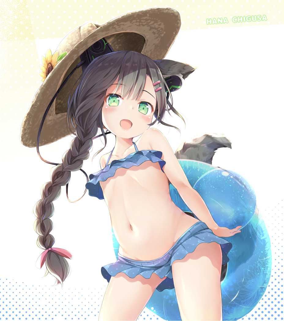 1girl, bare_arms, bare_shoulders, black_hair, blush, braid, chigusa_hana, flower