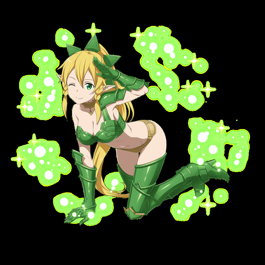 1girl, ;p, armor, armpits, bikini, bikini_armor, blonde_hair, boots, braid, breasts, cassandra_lee_morris, cleavage, collarbone, elf, fairy, female_focus, flower, full_body, gauntlets, green_bikini, green_boots, green_eyes, green_ribbon, hair_between_eyes, hair_ribbon, hibiscus, high_heel_boots, high_heels, high_ponytail, highres, holding, jewelry, leafa_(sao), long_hair, medium_breasts, navel, official_art, one_eye_closed, outstretched_arm, pointy_ears, ponytail, purple_flower, red_flower, ribbon, simple_background, sitting, solo, sunglasses, swimsuit, sword_art_online, taketatsu_ayana, thighhighs, toes, tongue, tongue_out, transparent_background, tree, twin_braids, very_long_hair, water, white-framed_eyewear, white_background, yellow_bikini