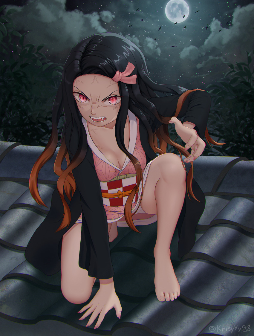 1girl, absurdres, angry, architecture, black_hair, breasts, checkered_sash, claw_pose, cleavage, cloud, east_asian_architecture, eye_contact, facing_viewer, fangs, female_focus, fingernails, forehead, full_body, full_moon, hair_ribbon, highres, huge_filesize, japanese_clothes, kamado_nezuko, kimetsu_no_yaiba, kimono, kneeling, krisyyy, long_hair, long_sleeves, looking_at_another, looking_at_viewer, medium_breasts, moon, multicolored_hair, night, open_mouth, orange_hair, outdoors, parted_bangs, parted_hair, pink_eyes, pink_kimono, pink_ribbon, print_kimono, rage_face, ribbon, rooftop, sky, solo, star_(sky), star_(symbol), starry_background, starry_sky, teeth, tree, very_long_hair, wide_sleeves