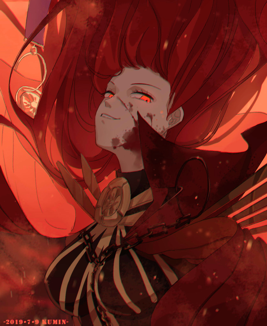 1girl, artist_name, blood, blood_on_face, blood_splatter, bodysuit, breasts, cape, chain, commentary_request, dated, fate/grand_order, fate_(series), female_focus, floating_hair, glowing, glowing_eyes, grin, highres, kumin_(6939359), large_breasts, long_hair, looking_at_viewer, oda_nobunaga_(fate), oda_nobunaga_(koha-ace), oda_nobunaga_(maou_avenger)_(fate), red_eyes, red_hair, smile, solo, teeth