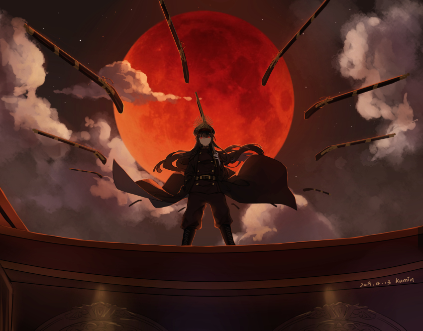 1girl, antique_firearm, artist_name, backlighting, belt, belt_buckle, black_boots, black_hair