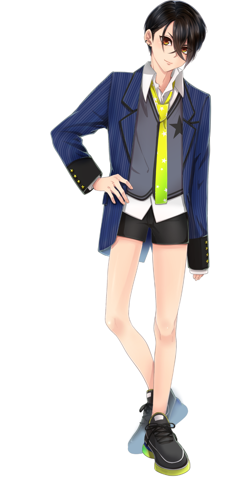 1boy, black_hair, brown_eyes, full_body, hair_between_eyes, hat, highres, idol