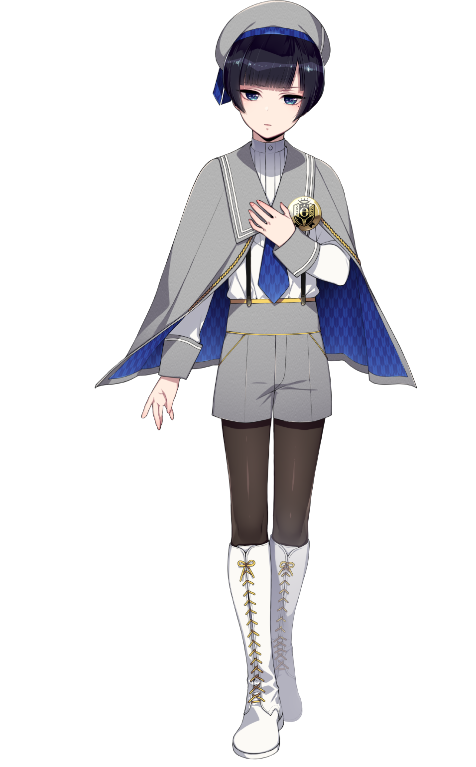 black_hair, black_pantyhose, blue_eyes, blunt_bangs, full_body, hat, highres, idol