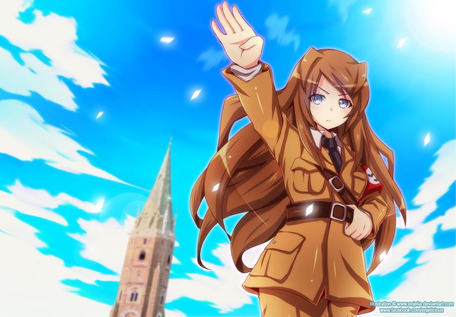 1girl, adolf_hitler, armband, belt, black_neckwear, blue_eyes, brown_hair, brown_shirt, cathedral, church, cloud, cloudy_sky, enjelia, genderswap, genderswap_(mtf), holding, holding_belt, long_hair, nazi, necktie, salute, shirt, sky, spire, straight-arm_salute, swastika, tower, watermark, web_address, window