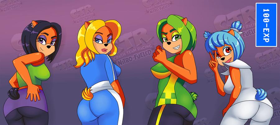 100-exp, 4girls, ami_bandicoot, ass, bare_shoulders, black_hair, blonde_hair, blue_eyes