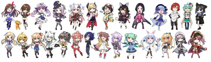 3boys, 6+girls, :3, \n/, a-chan_(hololive), absolutely_everyone, ahoge, akai_haato, akai_haato_(1st_costume), aki_rosenthal, aki_rosenthal_(1st_costume), anchor_print, anchor_symbol, animal_ear_fluff, animal_ears, animal_hood, animal_print, ankimo_(tokino_sora), annotated, aqua_hair, armor, arrow_through_heart, azki_(2nd_costume)_(hololive), azki_(hololive), azki_(vsinger), backwards_hat, bare_shoulders, bat_hair_ornament, bell, belt, belt_buckle, beret, bicorne, black-framed_eyewear, black_armor, black_coat, black_footwear, black_gloves, black_hair, black_jacket, black_leggings, black_pantyhose, black_shirt, black_sleeves, black_thighhighs, blonde_hair, blue_collar, blue_dress, blue_eyes, blue_footwear, blue_hair, blue_headwear, blue_legwear, blue_skirt, blue_sleeves, blunt_bangs, bone, bone_hair_ornament, bow, braid, breast_tattoo, breasts, brown_hair, buckle, butterfly_print, carrot, carrot_hair_ornament, cat_ears, cat_girl, cat_tail, cherry_blossoms, chestnut_mouth, cleavage, clenched_hand, clenched_hands, closed_mouth, coat, collar, collarbone, covered_navel, dark-skinned_female, dark_skin, demon_horns, denim, detached_sleeves, dog_ears, dog_girl, dog_tail, don-chan_(usada_pekora), double_bun, double_v, dress, drill_hair, dumbbell, elbow_gloves, elf, everyone, exercising, eyepatch, facepaint, fang, finger_to_cheek, fingerless_gloves, fingers_to_cheeks, flower, fold-over_boots, food-themed_hair_ornament, food_print, fox_ears, fox_girl, fox_shadow_puppet, fox_tail, frilled_thigh_strap, glasses, gloves, green_eyes, guitar, hair_bell, hair_bow, hair_bun, hair_flower, hair_ornament, hair_ribbon, hairclip, hanasaki_miyabi, hat, heart, heart_hair_ornament, highres, holding, holding_microphone, hololive, holostars, hood, horns, hoshimachi_suisei, houshou_marine, idol_clothes, instrument, inugami_korone, inugami_korone_(1st_costume), jacket, jeans, jewelry, kagami_kira, kanade_izuru, leg_armor, leggings, loincloth, long_braid, long_hair, long_sleeves, maid_headdress, mask, mask_on_head, mechanical_legs, medium_hair, microphone, midriff, minato_aqua, minato_aqua_(1st_costume), miniskirt, multicolored_clothes, multicolored_hair, multicolored_legwear, multiple_boys, multiple_girls, murasaki_shion, murasaki_shion_(1st_costume), music, nakiri_ayame, nakiri_ayame_(1st_costume), natsuiro_matsuri, natsuiro_matsuri_(1st_costume), navel, necklace, necktie, nekomata_okayu, nontraditional_miko, off_shoulder, one_eye_closed, one_side_up, oni_mask, onigiri_print, ookami_mio, ookami_mio_(1st_costume), oozora_subaru, oozora_subaru_(1st_costume), open_clothes, open_coat, open_mouth, orange_eyes, orange_legwear, pants, pantyhose, parted_bangs, paw_pose, pink_hair, pink_legwear, pink_shoes, pirate_costume, pirate_hat, playing_instrument, pointy_ears, ponytail, purple_eyes, purple_hair, rabbit_ears, rabbit_girl, red_eyes, red_hair, red_legwear, revealing_clothes, ribbon, roboco-san, roboco-san_(1st_costume), sailor_collar, sakura_miko, sakura_miko_(old_design), see-through_clothes, see-through_midriff, shirakami_fubuki, shiranui_flare, shiranui_flare_(old_design), shirogane_noel, shirogane_noel_(1st_costume), shirt, shoes, short_hair, side_ponytail, simple_background, single_thighhigh, skin_fang, skirt, skull_collar, skull_hair_ornament, smile, spirit, star_(symbol), star_hair_ornament, striped_clothes, striped_shirt, striped_thighhighs, stuffed_animal, stuffed_toy, tail, tattoo, teddy_bear, teeth, thigh_strap, thighhighs, tokino_sora, tokino_sora_(1st_costume), tokumaro, tongue, trap, twin_braids, twin_drills, twintails, two-tone_hair, upper_teeth_only, uruha_rushia, uruha_rushia_(1st_costume), usada_pekora, usada_pekora_(1st_costume), v, vertical-striped_clothes, vertical-striped_thighhighs, virtual_youtuber, w, waving, weightlifting, white_background, white_coat, white_dress, white_footwear, white_gloves, white_hair, white_headwear, white_legwear, white_loincloth, white_sleeves, witch_hat, wolf_ears, wolf_girl, wolf_tail, wrist_guards, wristband, yellow_eyes, yellow_shoes, yozora_mel, yuzuki_choco, yuzuki_choco_(1st_costume), zettai_ryouiki