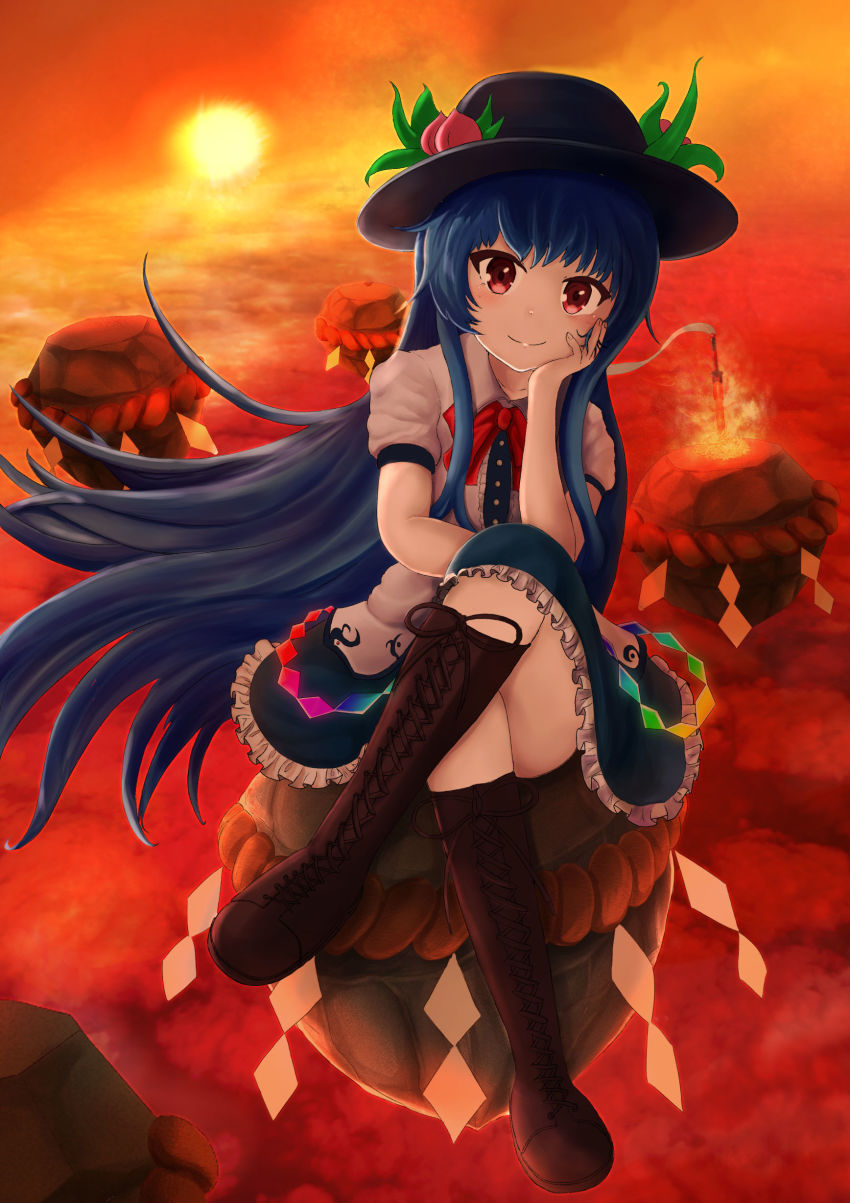 1girl, above_clouds, absurdres, arm_rest, black_hat, blue_hair, blurry, boots, bow, bowtie, brown_boots, cloud, commentary_request, crossed_legs, depth_of_field, dress, elbow_on_knee, female_focus, food, fruit, hat, head_in_hand, head_rest, highres, hinanawi_tenshi, kaname-ishi, knee_boots, lace-up_boots, layered_dress, leaf, long_hair, looking_at_viewer, nikochiku, peach, planted, planted_sword, planted_weapon, red_bow, red_bowtie, red_eyes, red_sky, rope, shide, shimenawa, short_sleeves, sitting, sky, sleeve_cuffs, smile, solo, sun, sunset, sword, sword_of_hisou, touhou, very_long_hair, weapon