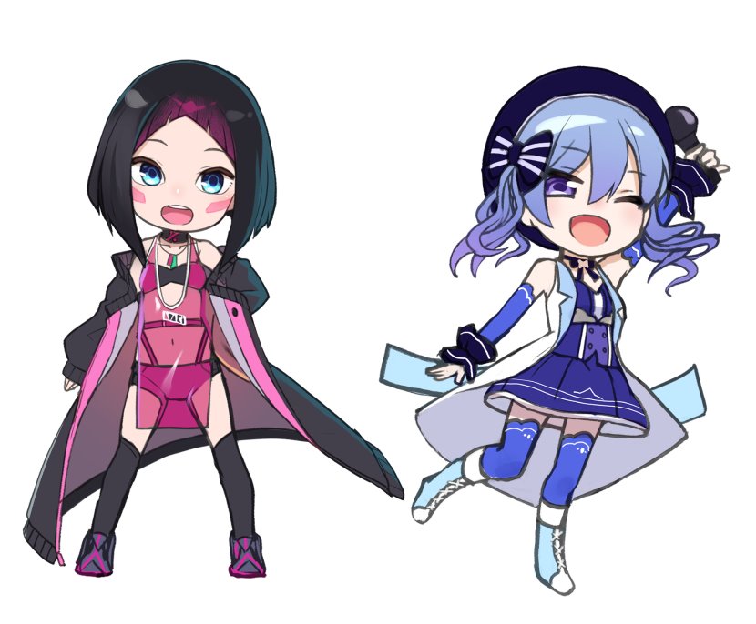 2girls, azki_(2nd_costume)_(hololive), azki_(hololive), azki_(vsinger), beret, black_hair, black_jacket, black_legwear