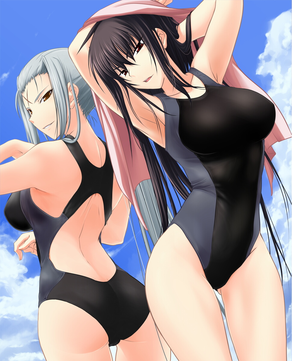 00s, 2girls, :d, ahoge, arched_back, arm_behind_head, armpits, arms_up, ass, back, back-to-back, backless_outfit, bare_back, black_hair, breasts, brown_eyes, cloud, competition_swimsuit, day, facial_mark, forehead_mark, from_behind, grin, hair_between_eyes, head_tilt, highres, kawagishi_keitarou, kawakami_momoyo, kimi_ga_aruji_de_shitsuji_ga_ore_de, kuki_ageha, large_breasts, long_hair, looking_at_viewer, looking_back, maji_de_watashi_ni_koi_shinasai!, multiple_girls, naughty_face, official_art, one-piece_swimsuit, open_mouth, orange_eyes, outdoors, ponytail, red_eyes, scar, sidelocks, silver_hair, sky, smile, standing, swimsuit, thigh_gap, thighs, towel, very_long_hair, wagi