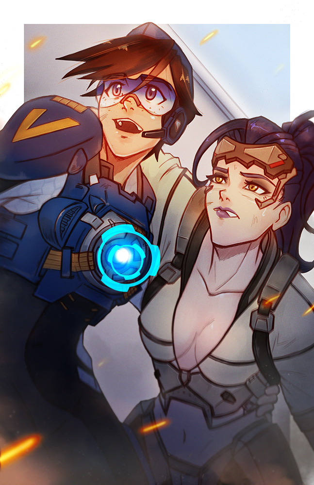 2girls, alternate_costume, alternate_hairstyle, arm_over_shoulder, artist_request, belt, blue_sky, blush