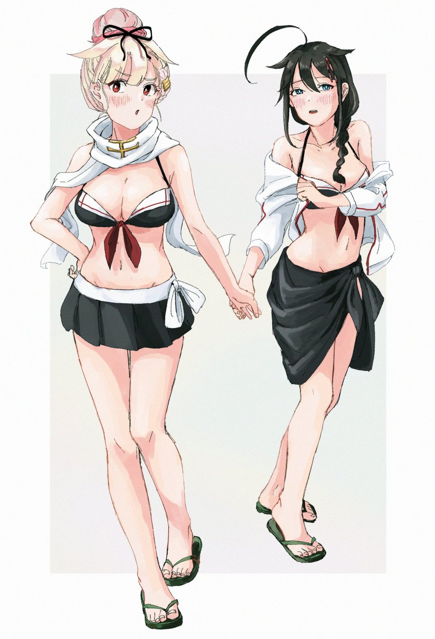 2girls, absurdres, adapted_costume, ahoge, alternate_hairstyle, bikini, bikini_skirt, black_bikini, black_hair, black_ribbon, black_sarong, black_skirt, blonde_hair, blue_eyes, border, braid, breasts, cleavage, commentary_request, flip-flops, full_body, gradient_hair, grey_background, hair_bun, hair_flaps, hair_ornament, hair_over_shoulder, hair_ribbon, hairclip, highres, holding_hands, kantai_collection, long_hair, medium_breasts, multicolored_hair, multiple_girls, pleated_skirt, red_eyes, ribbon, sandals, sarong, shigure_(kancolle), single_braid, single_hair_bun, skirt, swimsuit, two-tone_background, white_border, yuudachi_(kancolle), yuudachi_kai_ni_(swimsuit)_(kancolle), zippo_teifujou
