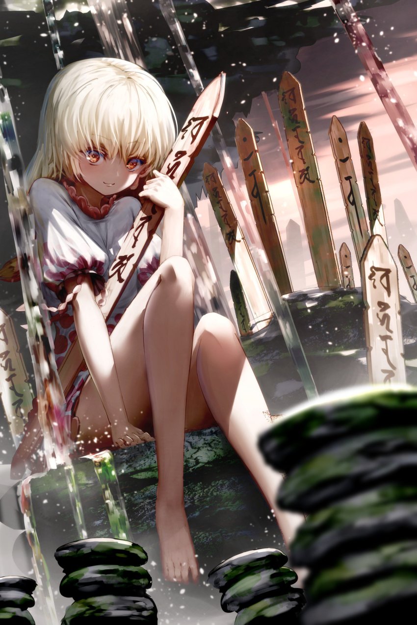 1girl, arm_support, bare_legs, barefoot, blonde_hair, brown_eyes, ebisu_eika, female_focus