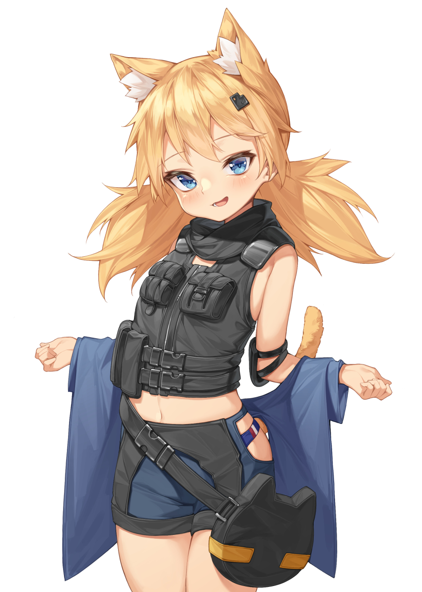 1girl, absurdres, animal_ear_fluff, animal_ears, bag, bare_shoulders, black_vest, blonde_hair, blue_eyes, blue_panties, blue_shorts, cat_ears, cat_girl, cat_tail, clothing_cutout, cowboy_shot, extra_ears, female_focus, girls'_frontline, hair_ornament, handbag, highres, hip_vent, idw_(girls'_frontline), idw_(mod3)_(girls'_frontline), long_hair, looking_at_viewer, midriff, mod3_(girls'_frontline), mokew, navel, open_mouth, panties, pouch, short_shorts, shorts, shoulder_pads, simple_background, smile, solo, standing, tail, underwear, vest, white_background