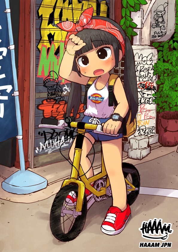 1girl, backpack, bag, bicycle, black_eyes, black_hair, blunt_bangs, child, dickies, female_focus, graffiti, haaam, open_mouth, original, shoes, short_shorts, shorts, sleeveless, solo, sweat, twintails, watch, wristwatch