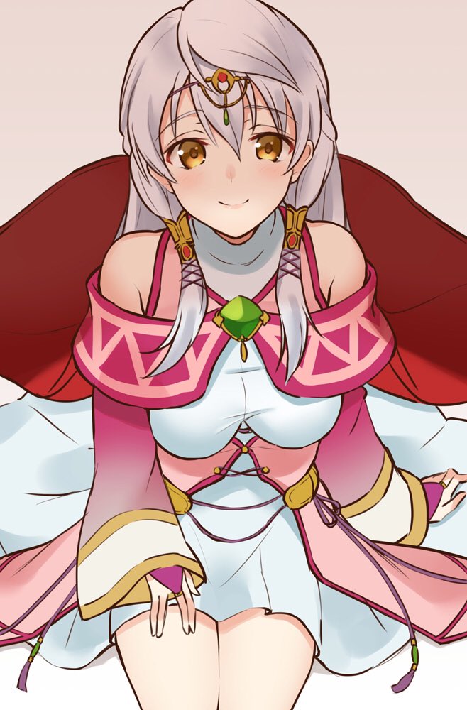 1girl, bare_shoulders, breasts, bridal_gauntlets, cape, circlet, clenched_hand, closed_mouth, curly_hair, dress, female_focus, fire_emblem, fire_emblem:_radiant_dawn, long_hair, looking_at_viewer, medium_breasts, micaiah_(fire_emblem), micaiah_(queen_of_dawn)_(fire_emblem), nintendo, pink_background, red_cape, sandals, shiyo_yoyoyo, shoes, simple_background, sitting, smile, solo, turtleneck, white_dress, white_hair, wide_sleeves, yellow_eyes