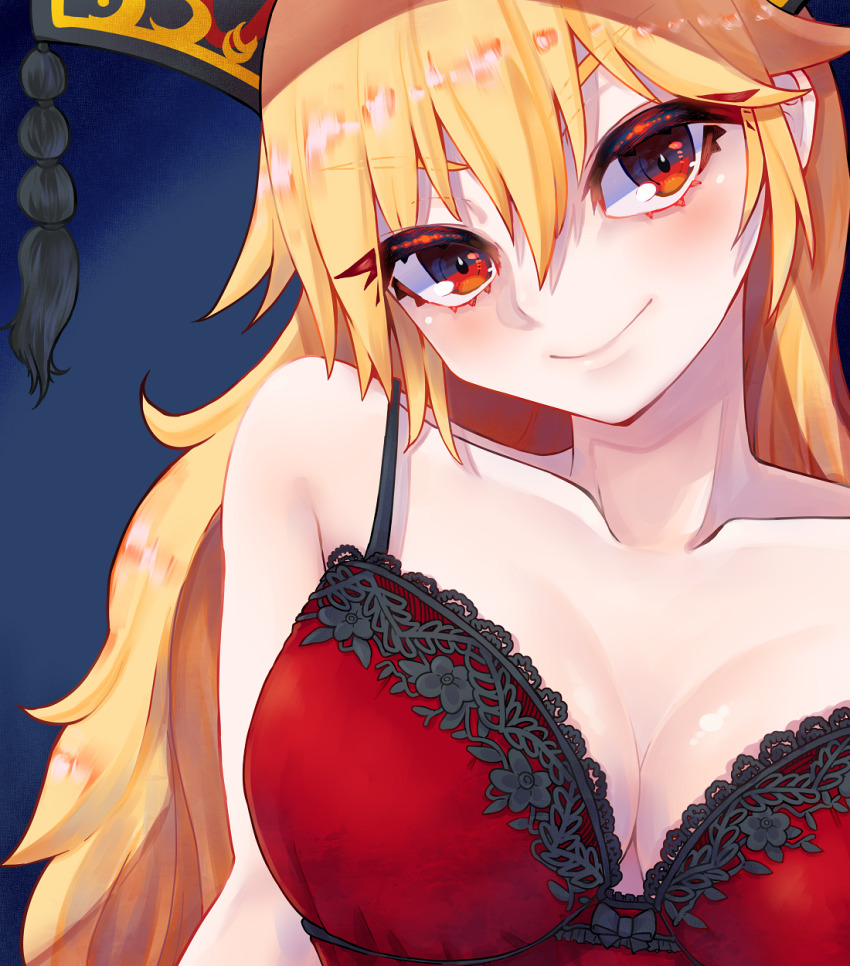 1girl, blonde_hair, blue_background, bow, bow_bra, bra, breasts, cleavage