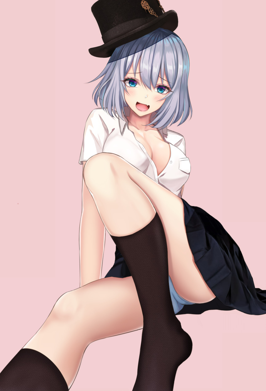 1girl, absurdres, ass, bare_legs, black_hat, black_skirt, black_socks, blue_eyes