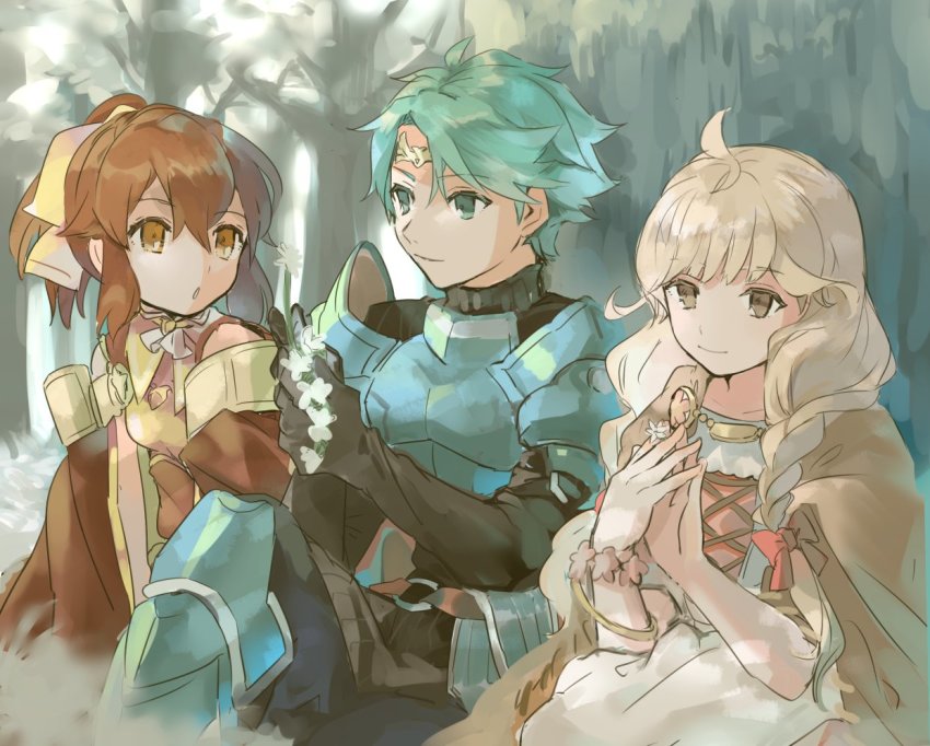 1boy, 2girls, alm_(fire_emblem), armor, blonde_hair, bow, braid, brown_eyes, brown_hair, circlet, closed_mouth, delthea_(fire_emblem), faye_(fire_emblem), fire_emblem, fire_emblem_echoes:_shadows_of_valentia, green_eyes, green_hair, hair_bow, hukashin, long_hair, low-braided_long_hair, low-tied_long_hair, multiple_girls, nintendo, ponytail, red_bow, short_hair, sitting, smile, twin_braids, wreath