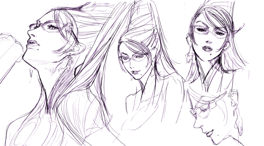 1girl, bayonetta, bayonetta_(series), bayonetta_1, beehive_hairdo, black_hair, concept_art, earrings