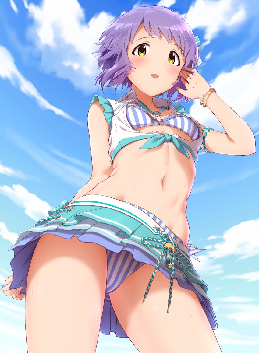 1girl, :d, absurdres, bikini, bikini_under_clothes, blue_sky, bracelet, breasts, commentary_request, cowboy_shot, female_focus, from_below, highres, homco, idolmaster, idolmaster_million_live!, idolmaster_million_live!_theater_days, jewelry, looking_at_viewer, makabe_mizuki, microskirt, navel, open_mouth, purple_hair, short_hair, skirt, sky, small_breasts, smile, solo, striped_bikini, striped_clothes, swimsuit, swimsuit_under_clothes, vertical-striped_bikini, vertical-striped_clothes, wet, yellow_eyes