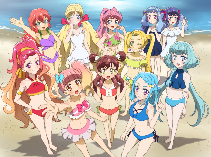 6+girls, aikatsu!_(series), aikatsu_friends!, alicia_charlotte, aqua_hair, armlet, asuka_mirai_(aikatsu_friends!), beach, bikini, bikini_skirt, blonde_hair, breasts, chono_maika, commentary_request, dress, earrings, female_focus, full_body, hand_on_own_hip, harukaze_wakaba, hinata_ema_(aikatsu_friends!), jewelry, kamishiro_karen, low_twintails, minato_mio, multiple_girls, navel, ocean, off_shoulder, onomekaman, outdoors, shirayuri_kaguya, shirayuri_sakuya, siblings, side_ponytail, sisters, skirt, standing, swimsuit, tensho_hibiki, twins, twintails, water, yuki_aine