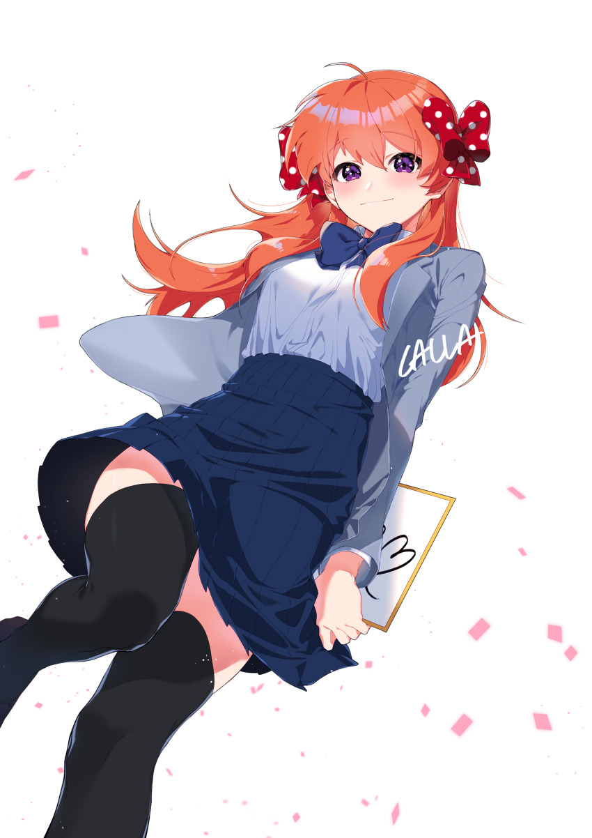 1girl, absurdres, artist_name, black_thighhighs, blue_bow, blue_skirt, bow, calla0611