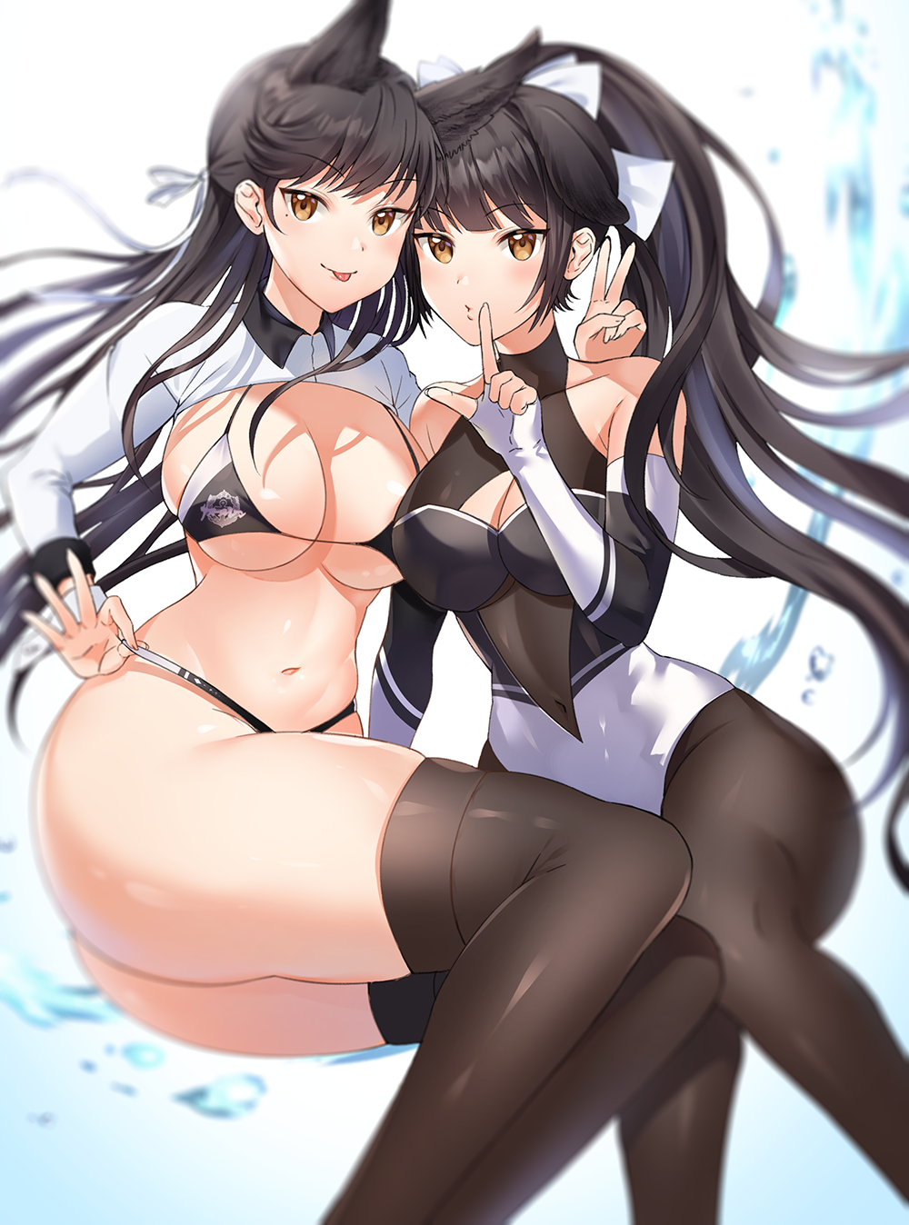 2girls, animal_ears, ass, atago_(azur_lane), atago_(stunning_speedster)_(azur_lane), azur_lane, bare_shoulders, bikini, black_bikini, black_hair, blurry, bodysuit, bow, breasts, brown_eyes, brown_legwear, chang_(user_rpea4874), cleavage, closed_mouth, collarbone, commentary, covered_navel, depth_of_field, elbow_gloves, fingerless_gloves, floating_hair, fox_ears, gloves, hair_bow, hair_flaps, hair_ribbon, highres, large_breasts, leotard, long_hair, long_sleeves, looking_at_viewer, mole, mole_under_eye, multiple_girls, navel, pantyhose, ponytail, race_queen, ribbon, shrug_(clothing), sidelocks, smile, swimsuit, takao_(azur_lane), takao_(full_throttle_charmer)_(azur_lane), thighhighs, tongue, tongue_out, turtleneck, v, very_long_hair, water, white_bow, white_gloves, white_ribbon, wing_collar, wrist_cuffs
