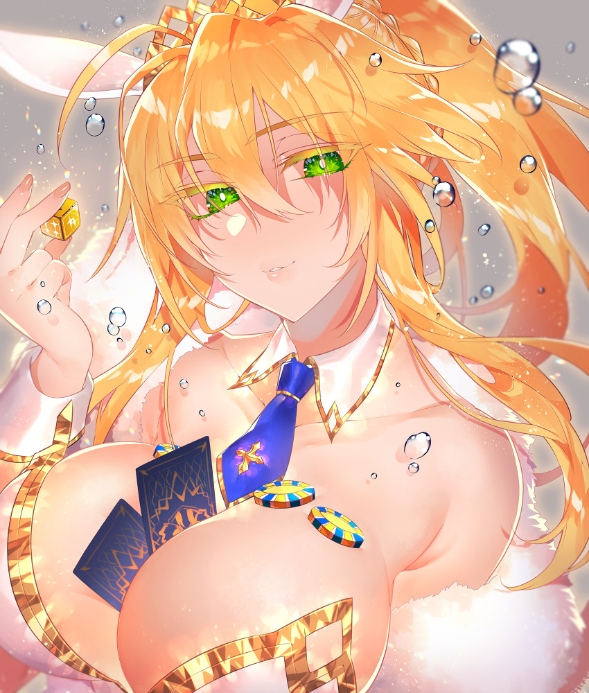 1girl, animal_ears, artoria_pendragon_(fate), artoria_pendragon_(swimsuit_ruler)_(fate), artoria_pendragon_(swimsuit_ruler)_(first_ascension)_(fate), bare_shoulders, between_breasts, blonde_hair